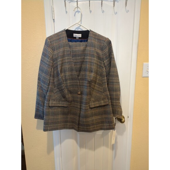 Calvin Klein Women Plaid Collarless Skirt Suit Blazer Jacket Size 22M/22W/22F
